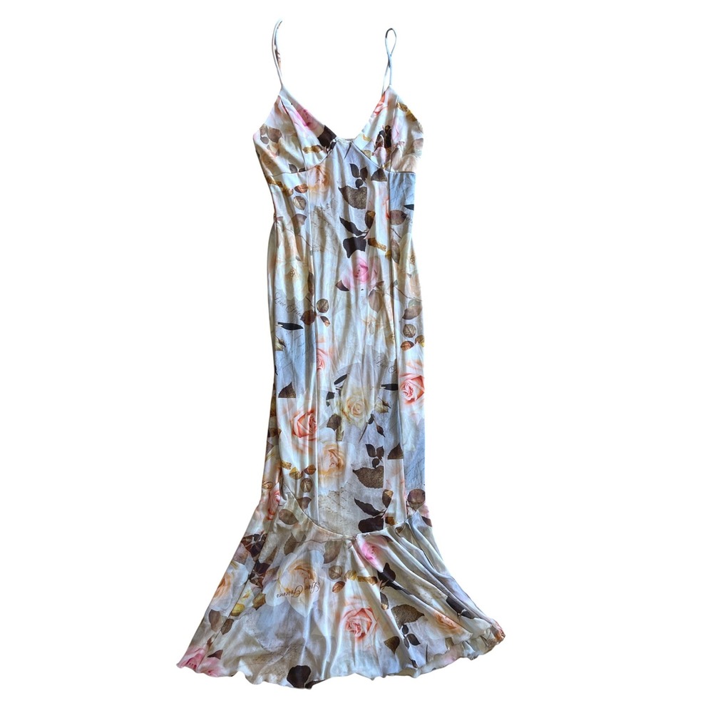 Y2K Floral Garden Whimsy Mermaid Maxi‎ Dress Large Spaghetti Strap V-Neck Light